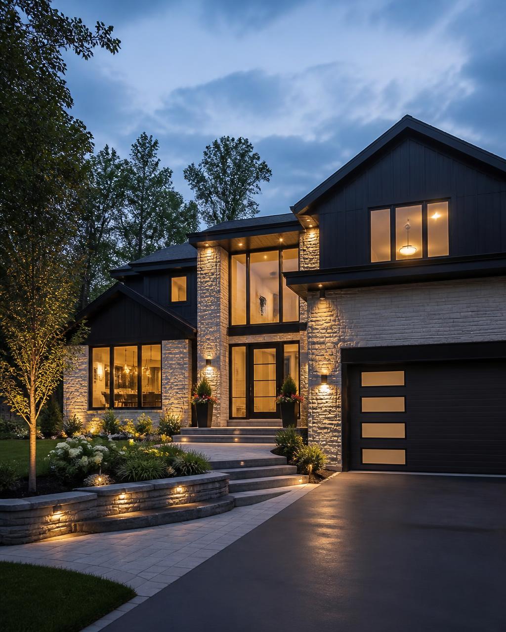 Well-maintained residential rental home at dusk with warm interior lighting